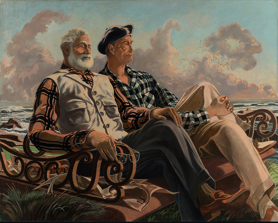 'Just Leisure' a painting of Ernest Hemingway and Juan Duñabeitia sitting on a bench by the sea (1957) by José María Ucelay