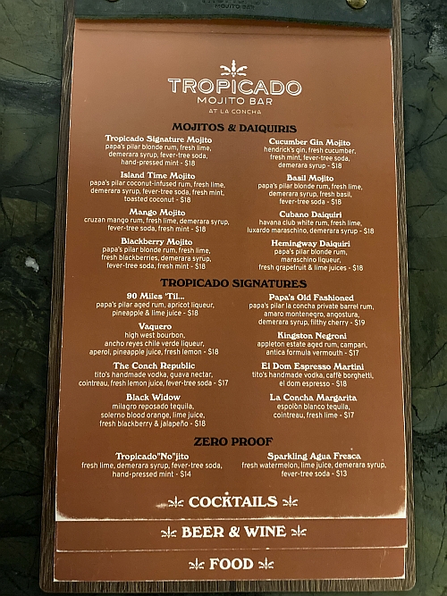 Photograph of the La Concha Hotel bar menu