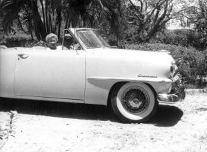 Mary Hemingway and Juan Lopez (Cuban chauffeur) in the yellow Cranbrook convertible given to Mary by Ernest Hemingway in 1953 (photograph courtesy of the John F. Kennedy Library and Museum)